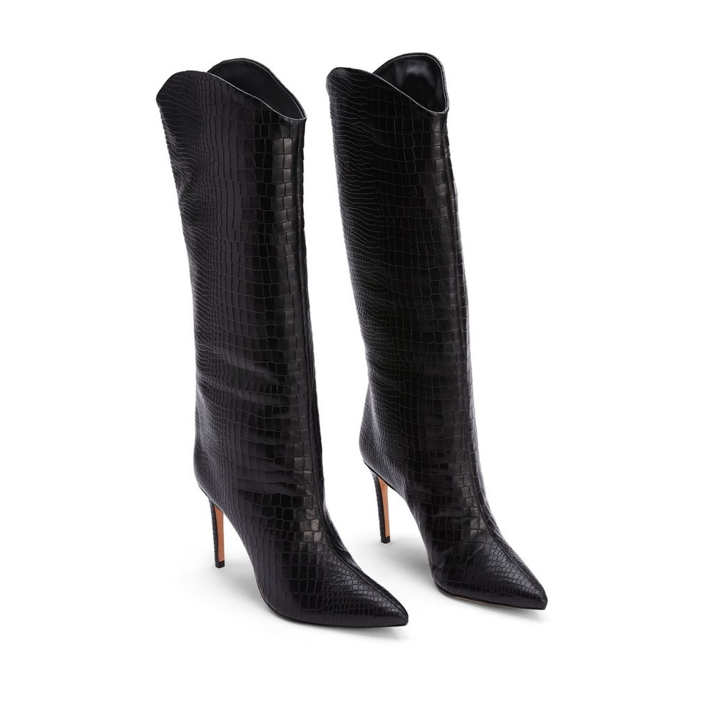 SCHUTZ Black Croc-Embossed Heeled Boots